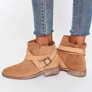 ASOS ALEX Tan Suede Slouch Ankle Boots Wrap Around Strap Buckle Detail Size 8